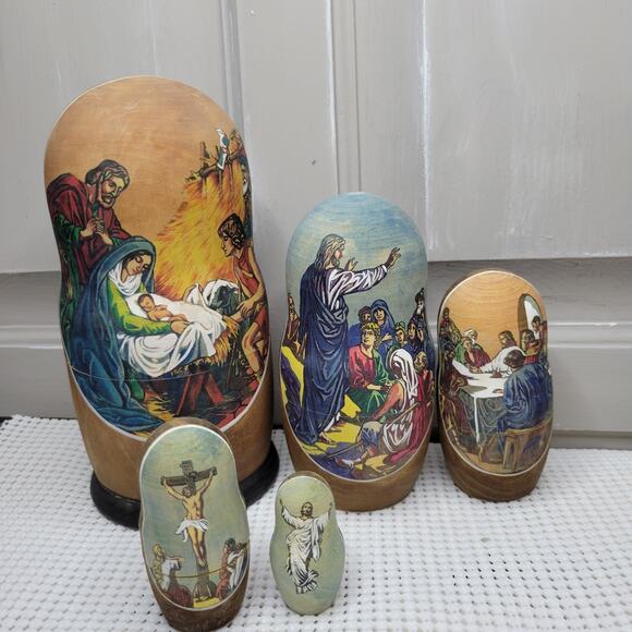 Matryoshka Nesting Dolls 5 Set Life of Jesus Christ Nativity Russian 7" SIGNED - Picture 1 of 13